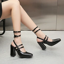 Women's Sandals Summer 2024 New Patent Leather Square Toe Buckle Sexy Mary Jane Party Ladies Shoes Luxury Brand Designer Shoes