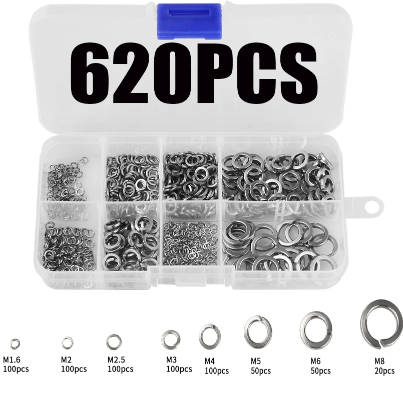 

620Pcs/set DIN127 GB93 M1.6 M2 M2.5 M3 M4 M5 M6 M8 304 Stainless Steel Shells Pad Spring Lock Washer Elastic Gasket Assortment