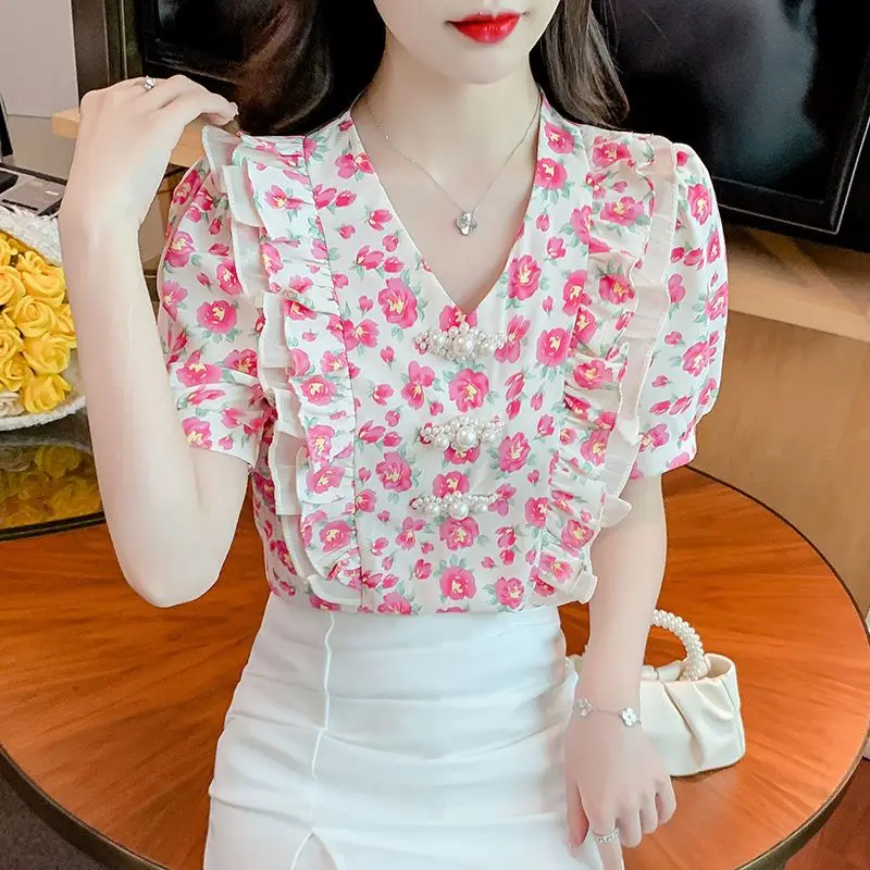 2023 New Summer Temperament Ruffles V-neck Puff Sleeve Blouse Femme Korean Printing Shirts Women Clothes Sweet Pullover Top Tee