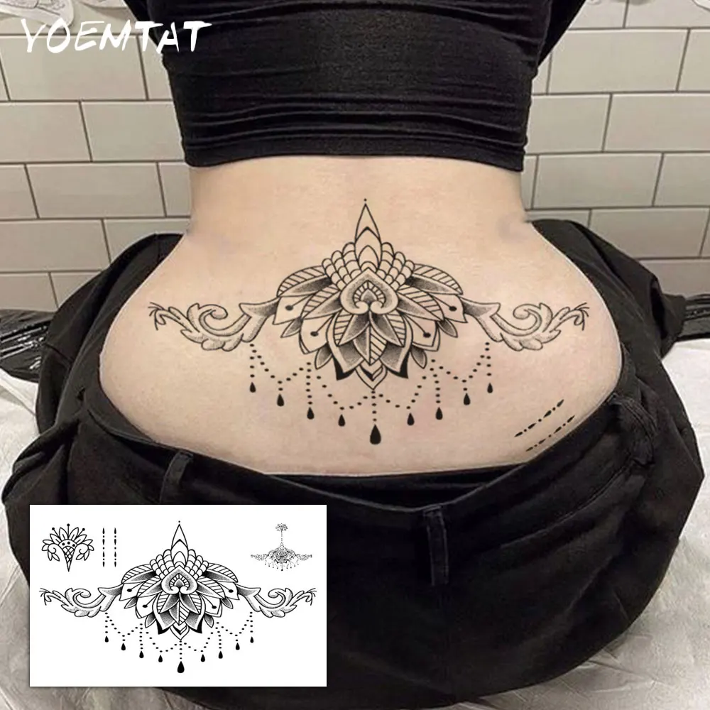 Waterproof Temporary Tattoo Sticker Sexy Henna Black Lotus Mandala Flower Lace Body Art Underboob Fake Tattoos Sleeve Women Men
