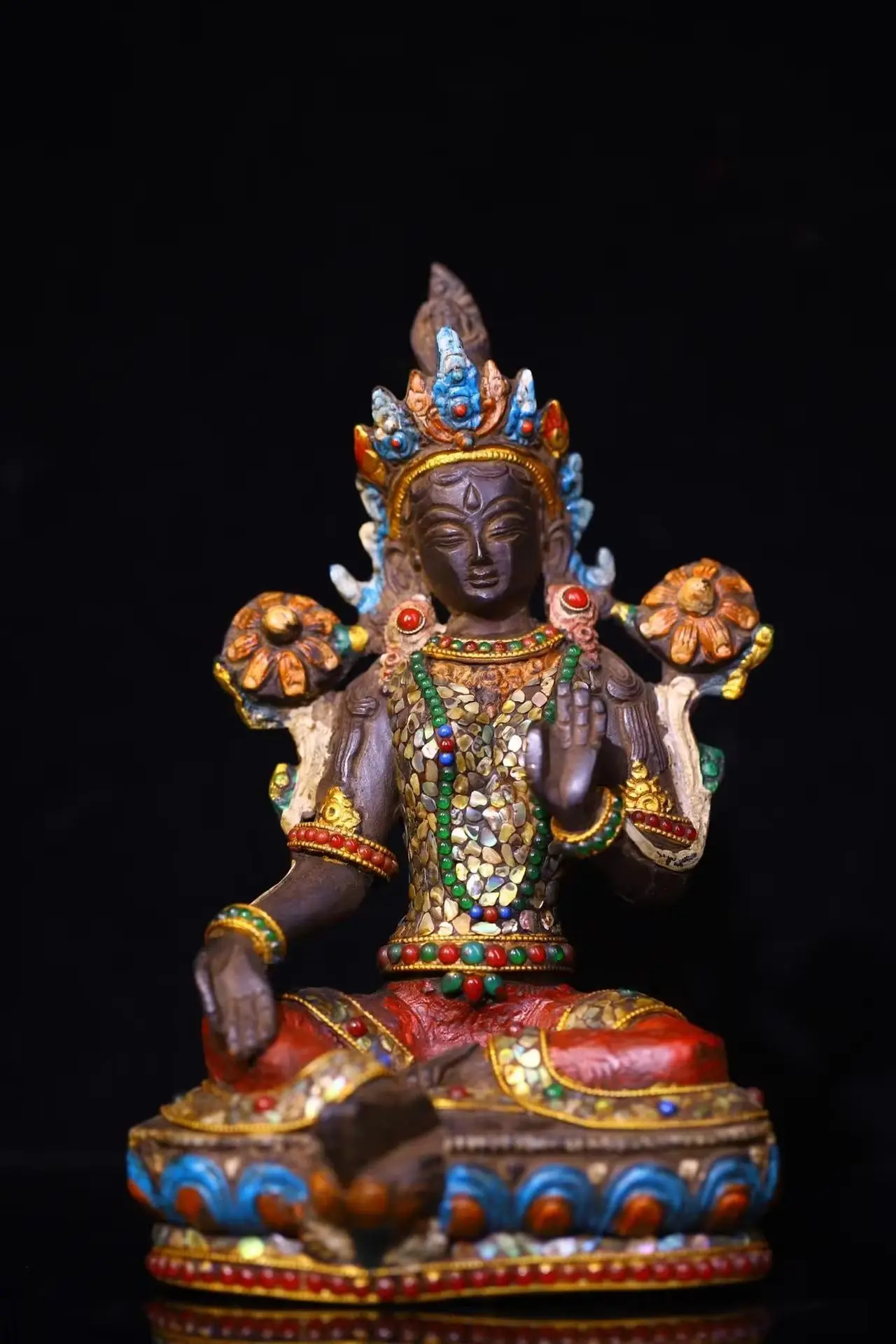 

8"Nepalese folk Old Bronze Mosaic Gem gZi Beads Shell Green Tara Sitting Buddha Worship Hall Town house Exorcism