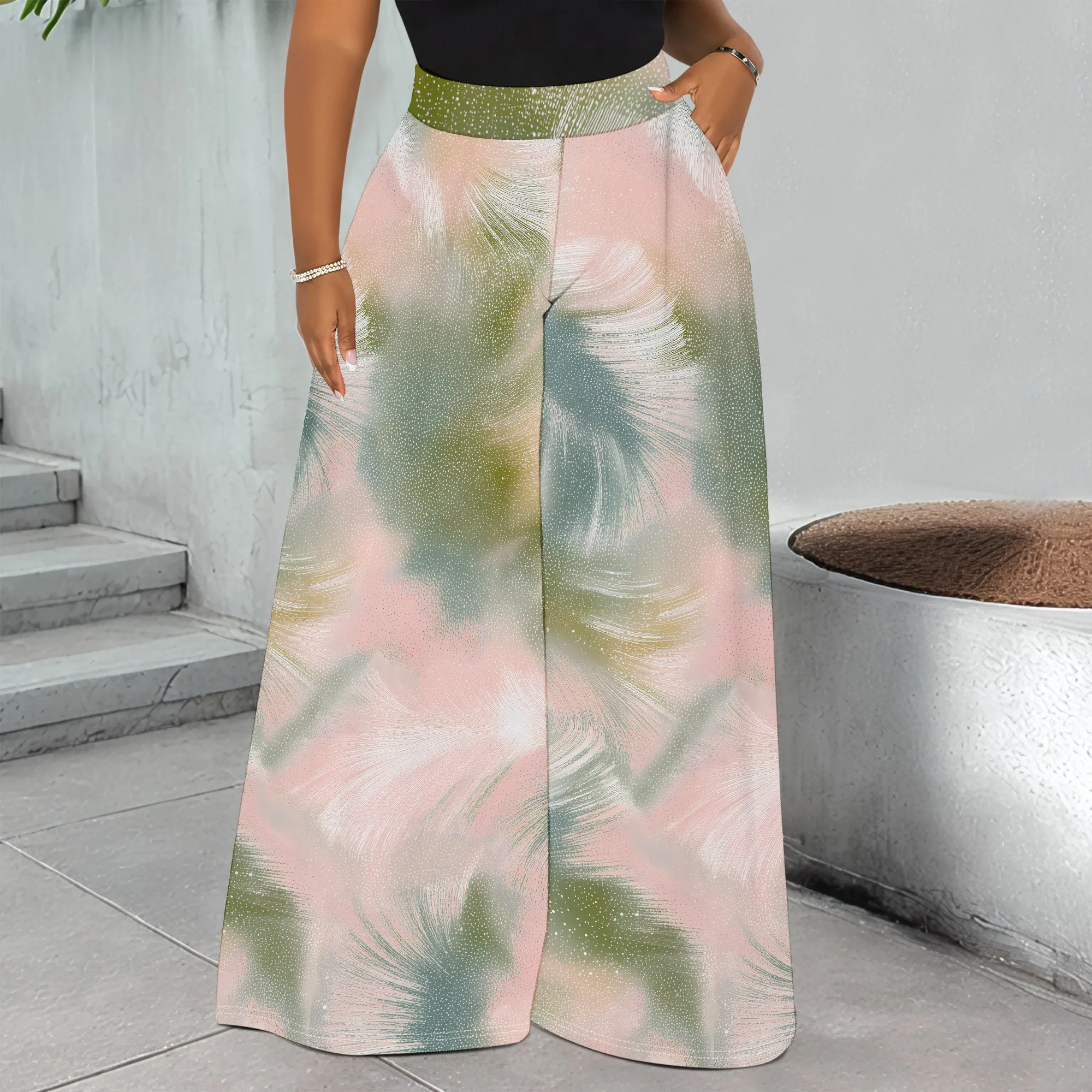 Feather Print Wide Leg Pants, Pastel Abstract Trousers, High Waist Palazzo Pants for Women, Summer Casual Wear S-2XL