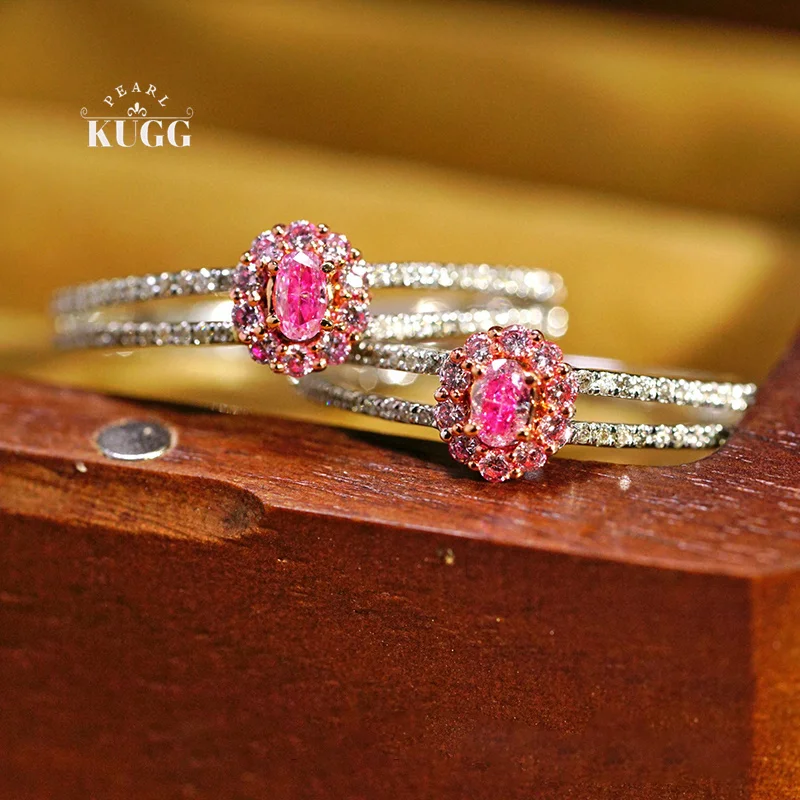 KUGG 100% 18K White Gold Rings Fashion INS Style Real Natural Pink Diamond Engagement Ring for Women High Wedding Jewelry