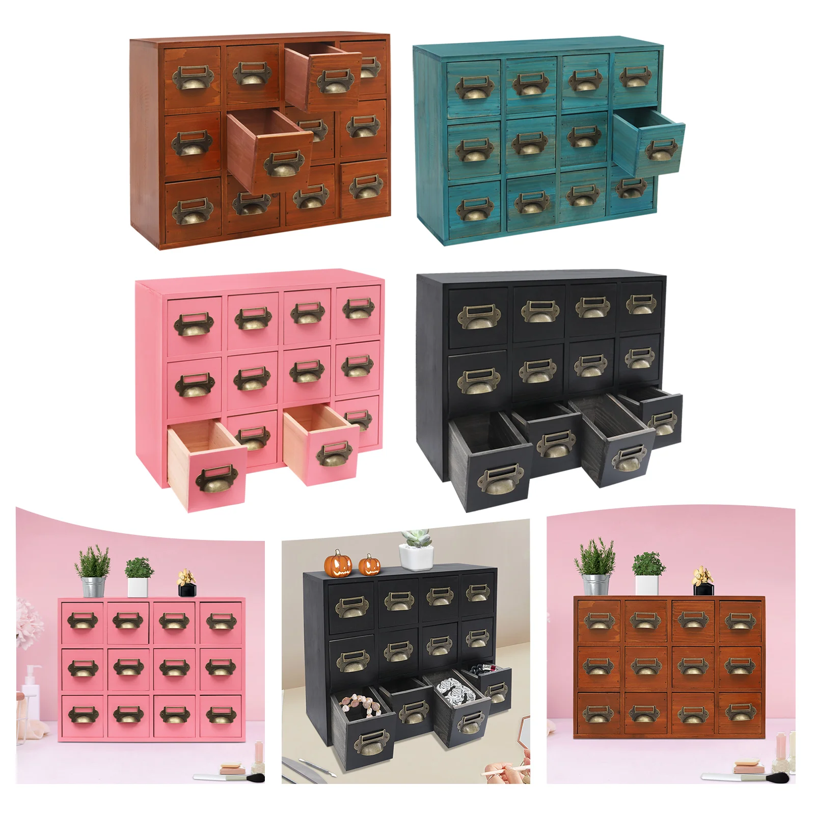

12 Brown/Black/Pink/Blue Drawer Cabinet,Wooden Rectangular Desktop Drawer Organizer 42*16*31.7cm for Households,Offices