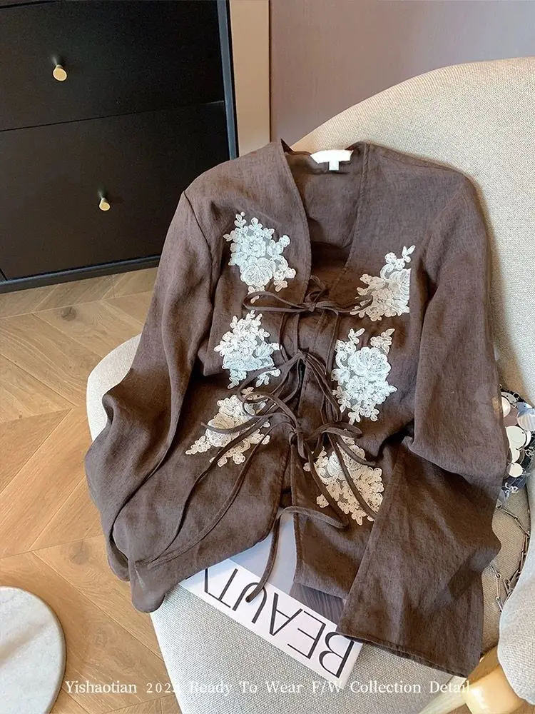 

Vintage Lace Embroidery V-neck Lace Up Blouses Fashion Loose All-match Shirt Women 2025 Autumn New Tops Mujer Shirts & Blouses