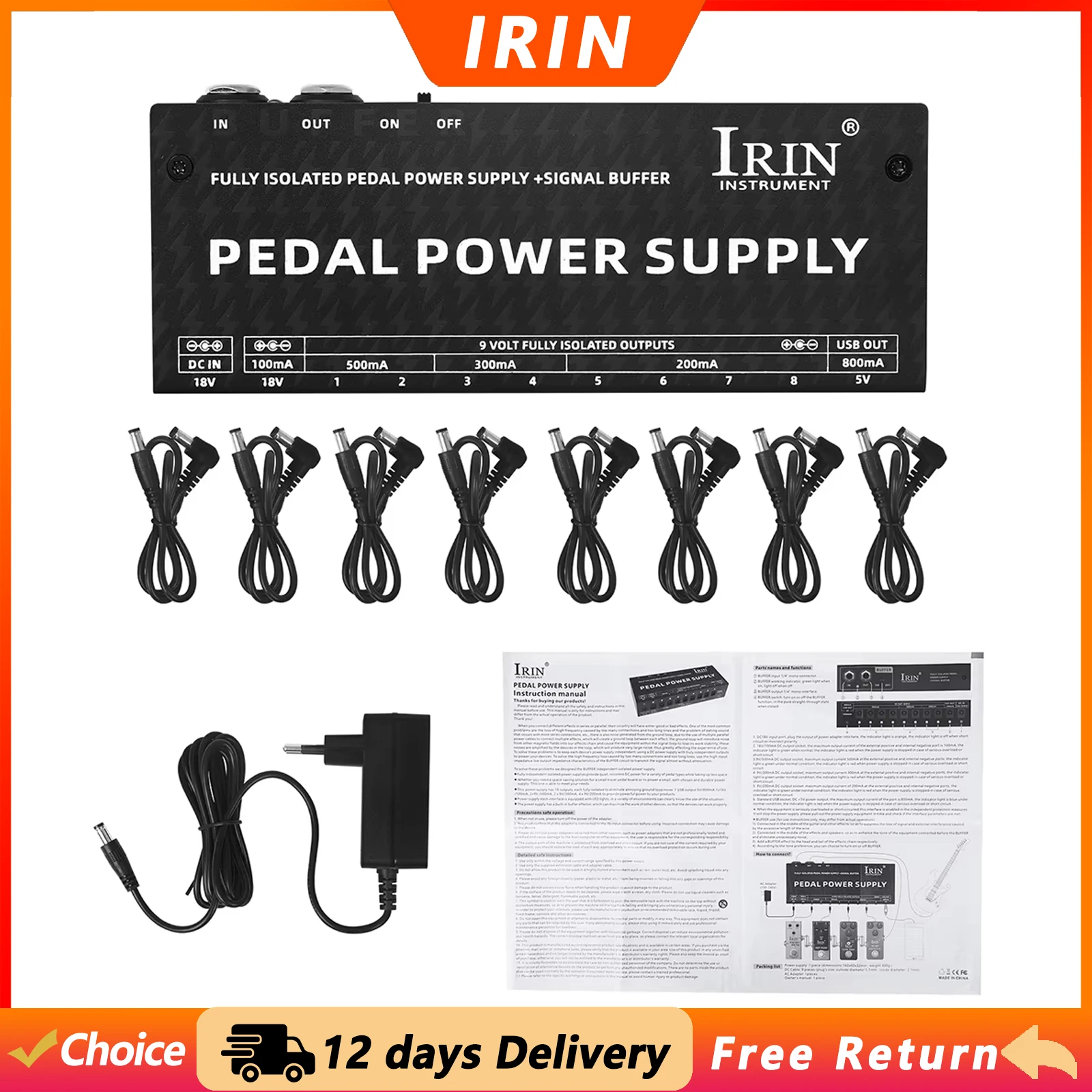 IRIN PW-2 Guitar Effect Pedal Power Supply 10 Isolated DC Outputs for 9V Effect Pedal Electric Guitar Parts & Accessories