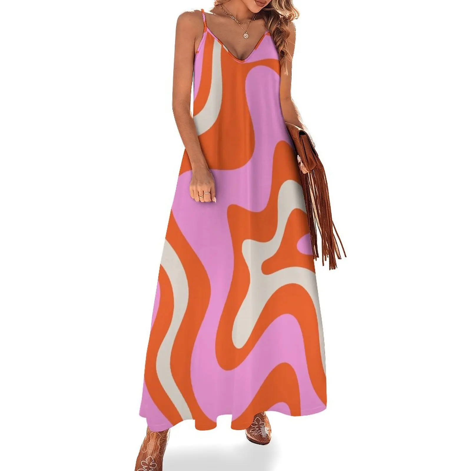 

Retro Liquid Swirl Abstract Pattern Hot Pink Bright Orange Cream Sleeveless Dress dress women summer elegant dress