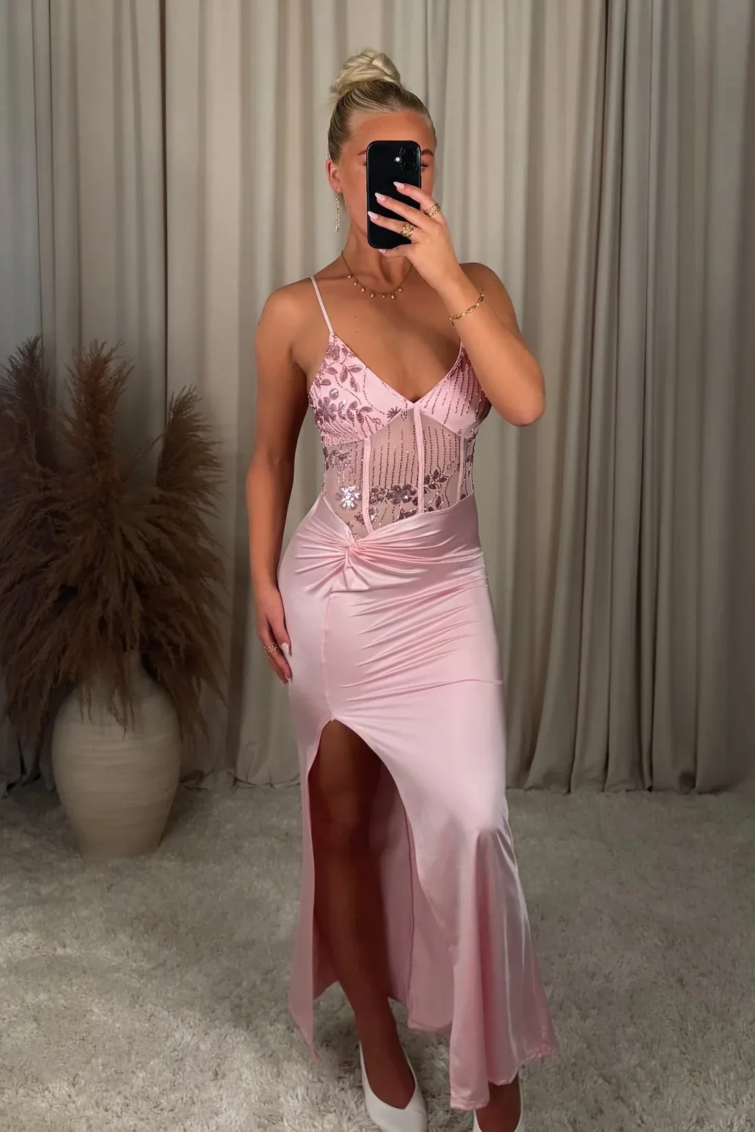 Pink sequined evening gown Embroidered sheer fishtail corset maxi dress Satin high-slit fishtail skirt Party and Cocktail Dress