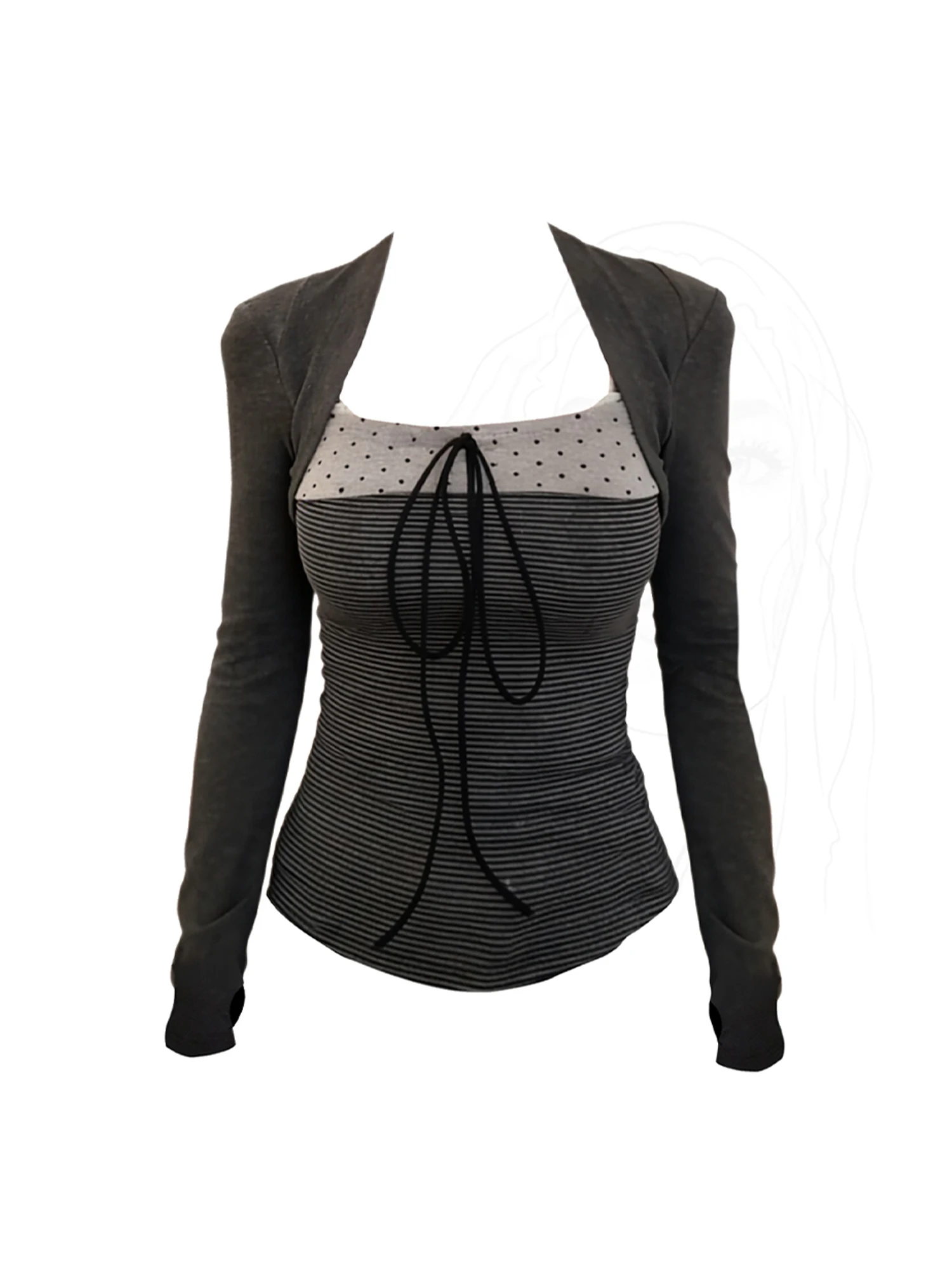 

Women Grey Y2k Bow T-shirt 2 Piece Set Vintage Harajuku Gyaru 2000s Square Collar Tee Top Long Sleeve Oversize T-shirts Clothes