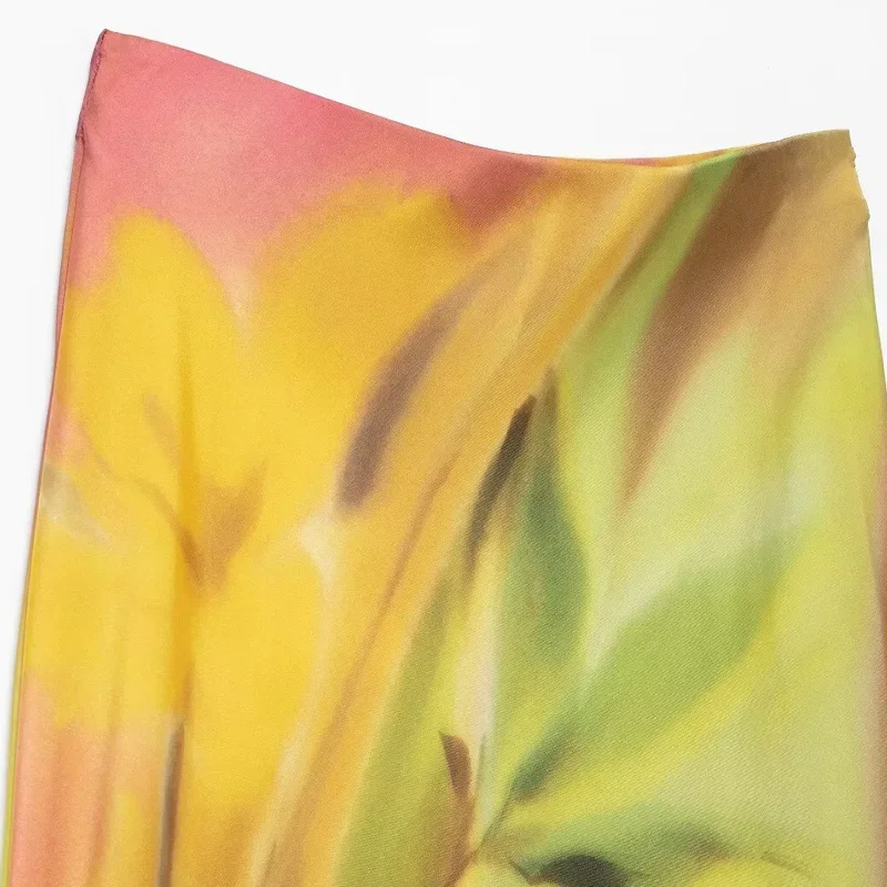 TRAF-Saia Longa para Tie Dye Feminina, Saias de Cetim, Linha A, Estampada, Luxo, Elegante, Verão, 2024