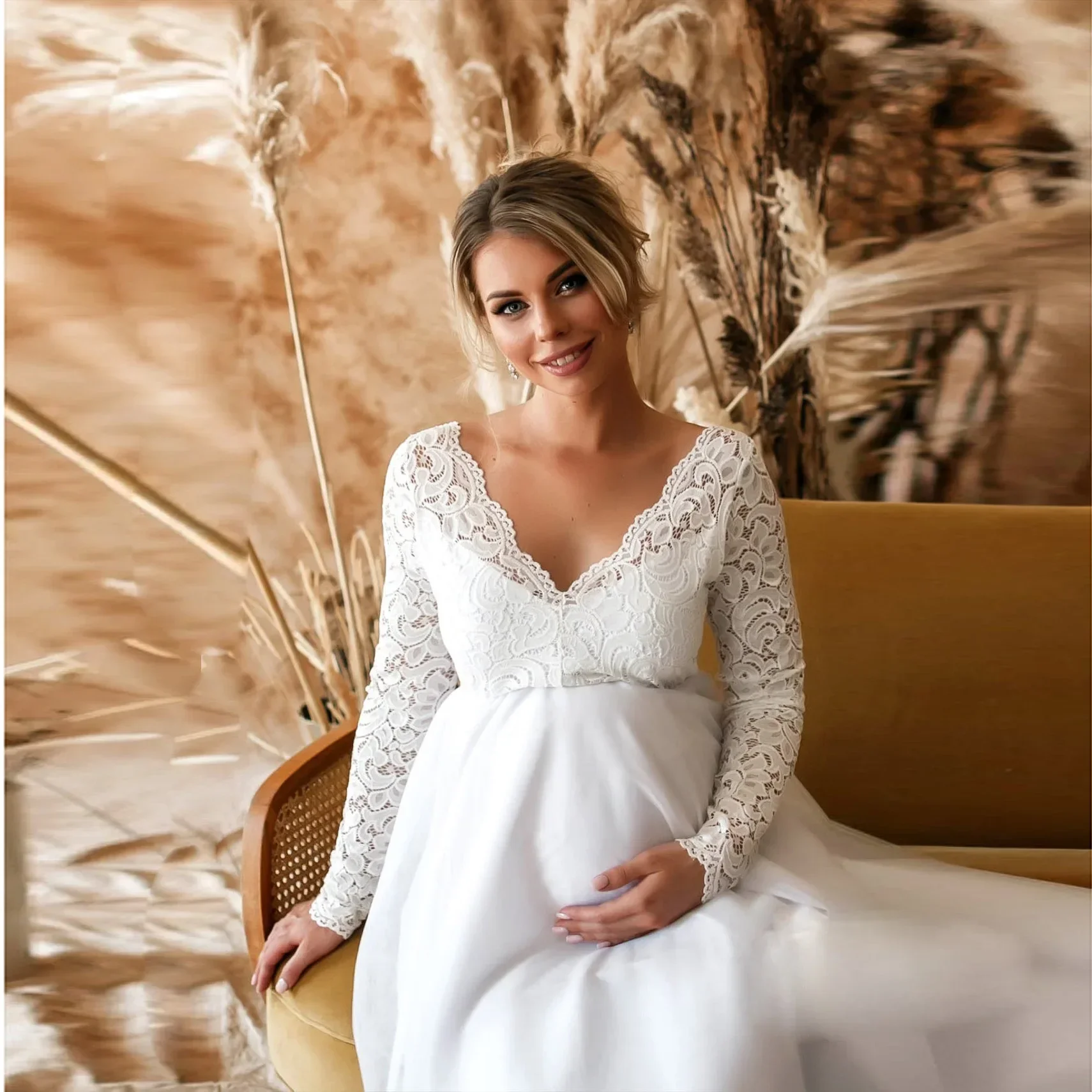 

Lace Maternity Dresses for Baby Showers Photo Shoot Long Sleeve Fancy Pregnancy Maxi Gown Pregnant Women Photography Prop Dress