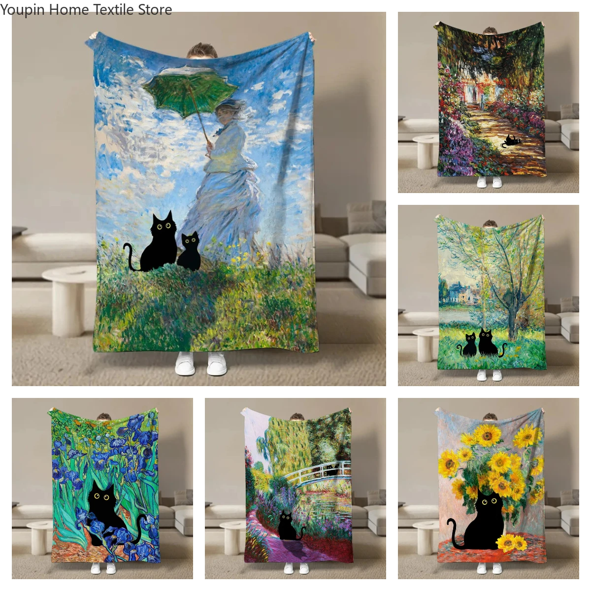 

6 Size Cute Black Cat Lotus Blanket,Sofa Bed Cover Four Season Soft Fluffy Quilt Blanket, Flannel Throw Outdoor Leisure Nap Gift