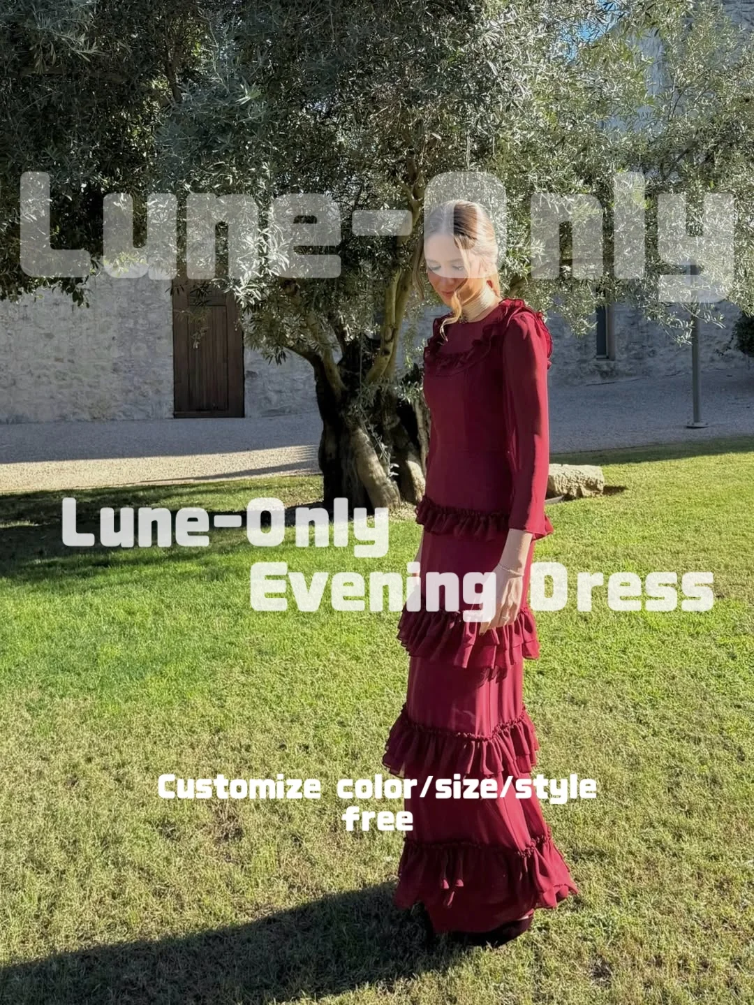 تخصيص عنابي الشيفون المتدرج الكشكشة النساء فساتين السهرة طويلة الأكمام أنيقة حزب ثوب مستقيم حفلة موسيقية اللباس الرسمي #3