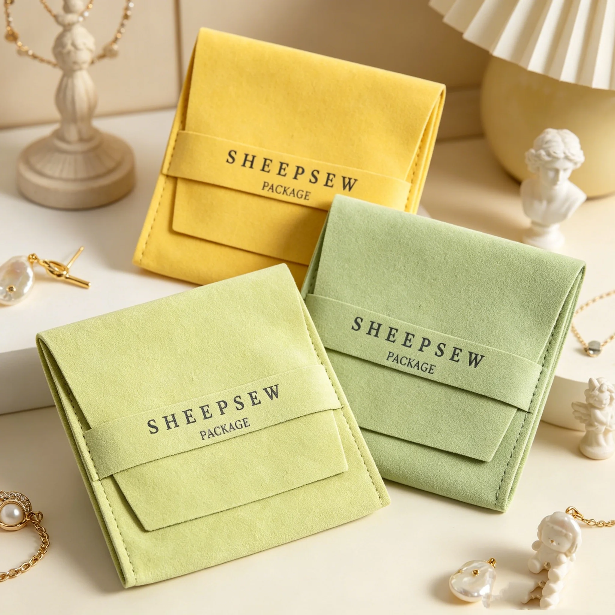 

SHEEPSEW Dusty Blue Custom Logo Size Color Luxury Microfiber Packaging Bag with Band Gift Jewelry Pouch