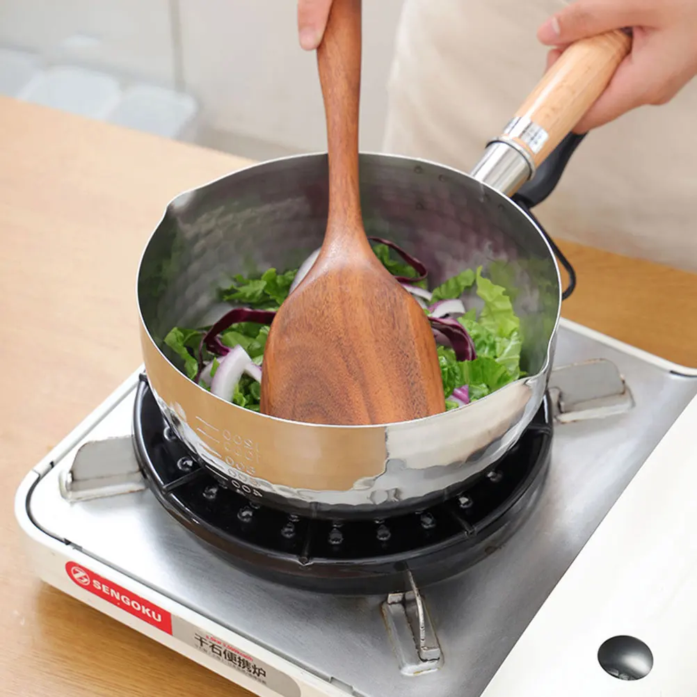 

1pc Stainless Steel Small Milk With Wooden Handle Practical Cooking Pot For Soup Noodle Food Outdoor Camping Picnic