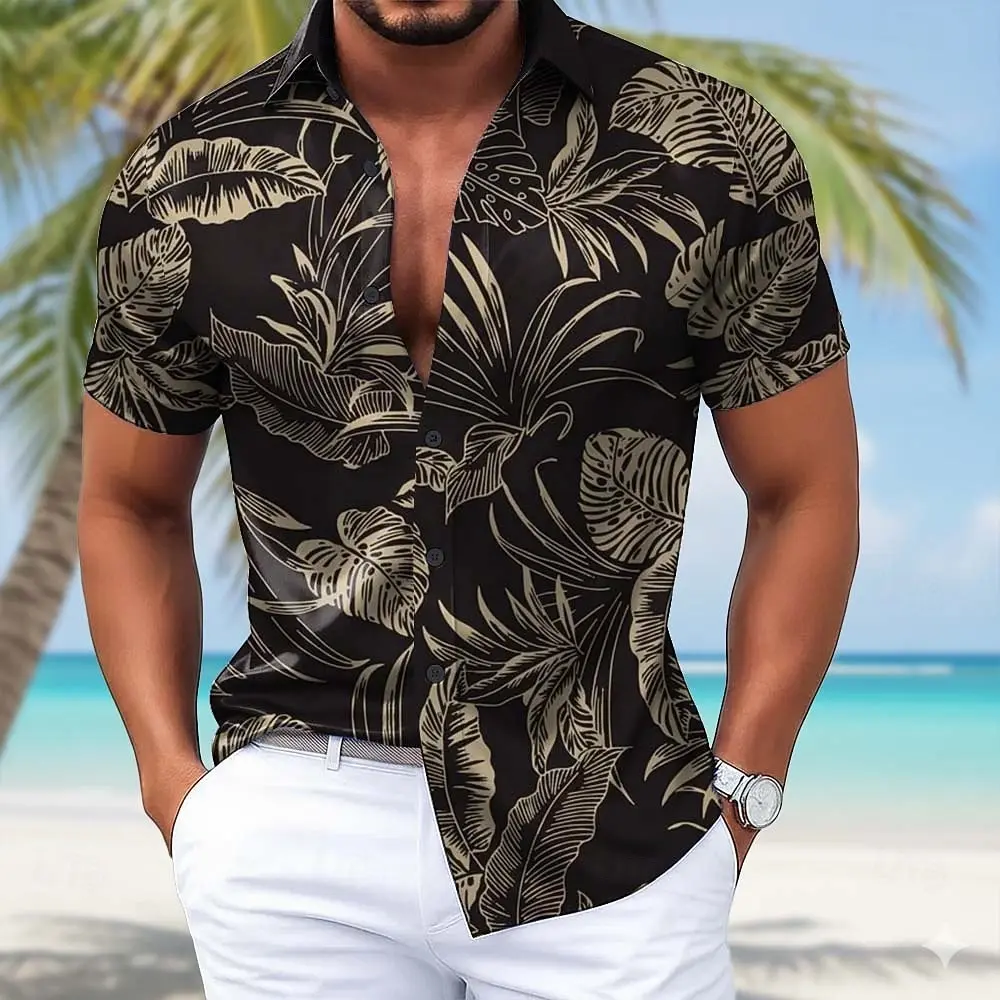 

Men's Palm Leaf Tropical Hawaiian Shirt, Short Sleeve 3D Print Button Up Shirt, Blue Black Purple Green