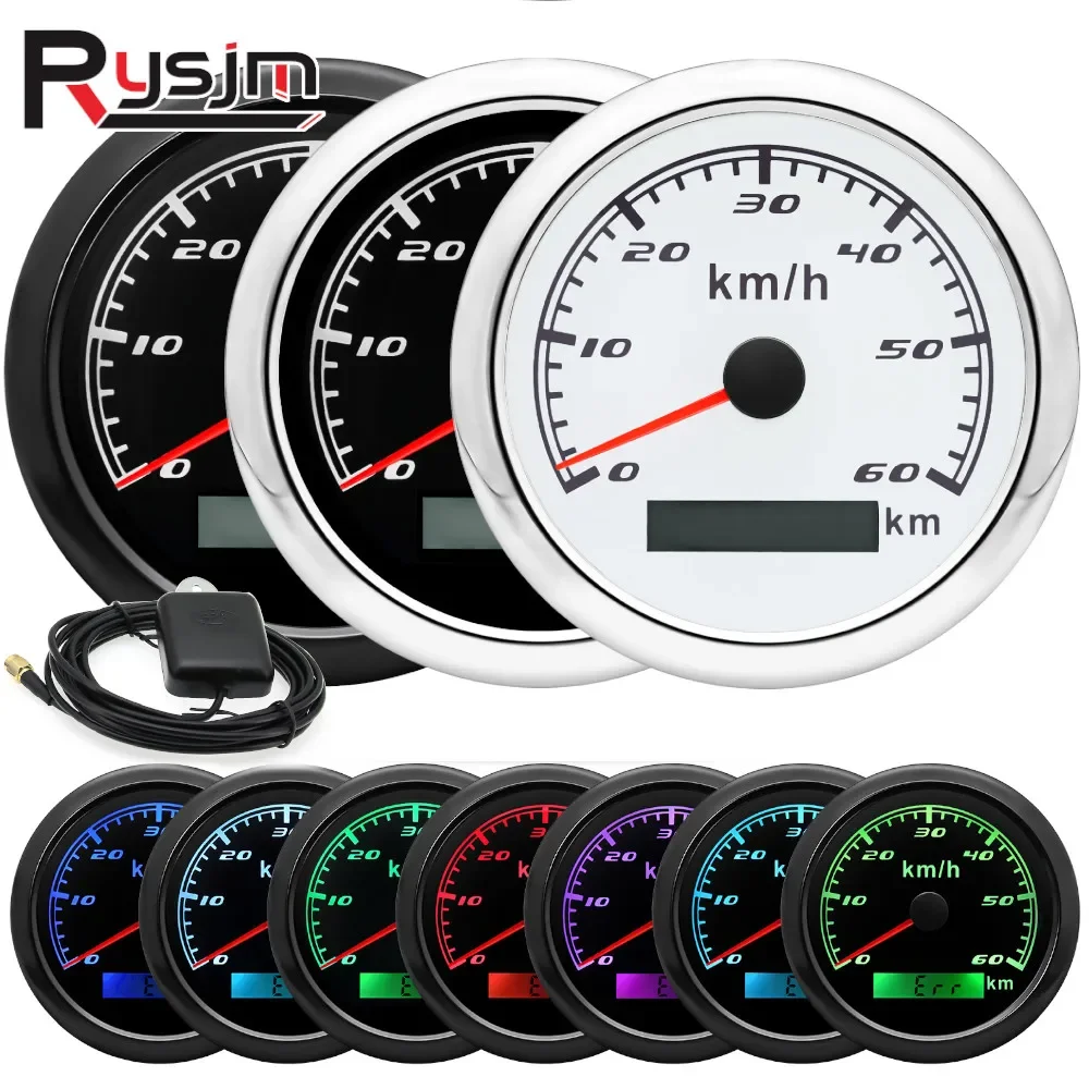 7 Colors LED Backlight Boat Car Motorcycle 85mm GPS Speedometer Gauge 60KMH 120KMH Waterproof Speed Gauge Meter with GPS Antenna