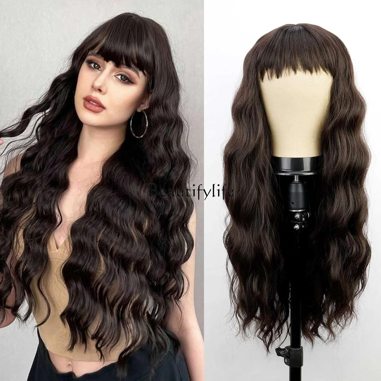 

Wig full hood, black natural gentle long curly hair