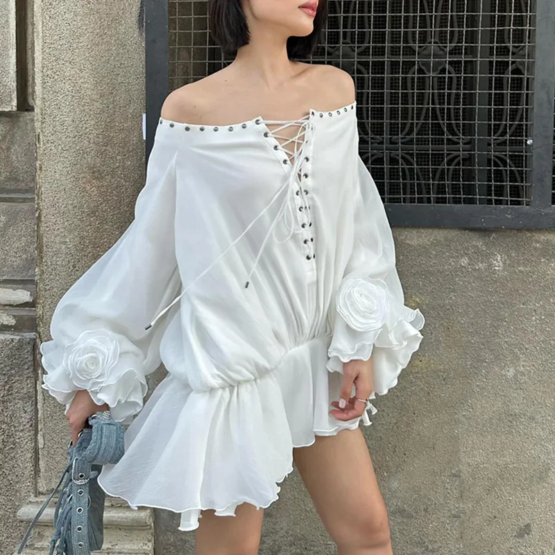 

Suninheart Women Off The Shoulder Dress 2025 New Arrivals White Mini Ruffle Edge Floral Dress Elegant Lace Up Dress