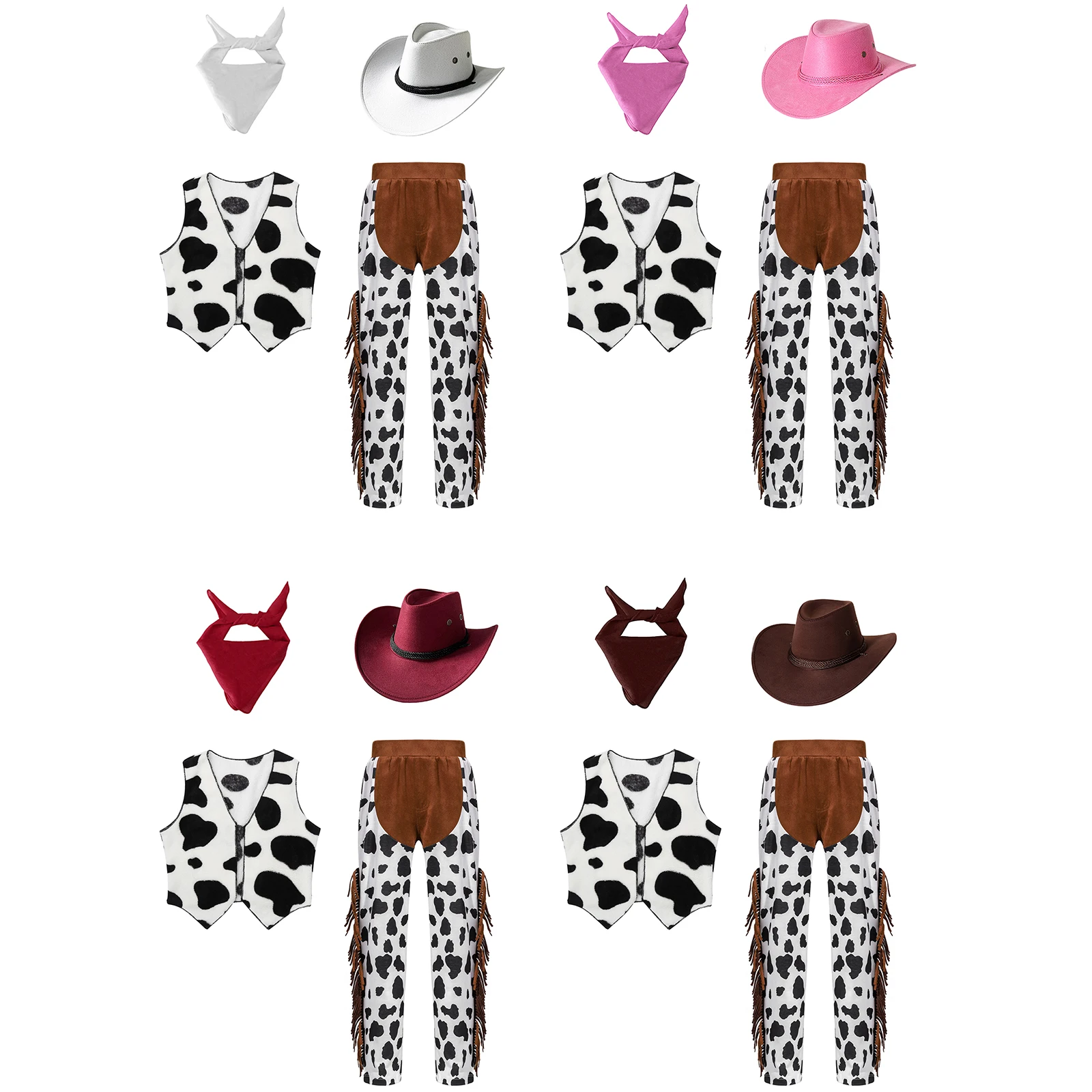 Kostum koboi Barat anak-anak pakaian koboi anak perempuan anak laki-laki celana pendek dengan rompi dan topi bandana koboi perempuan berdandan pesta Halloween