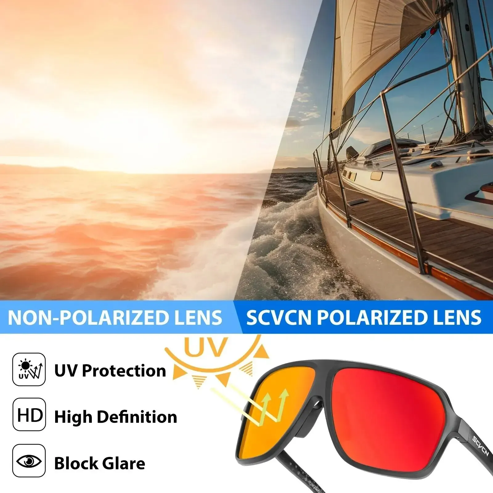 Scvcn Fishing Sunglasses Square Polarized UV400 Fishing Glasses For Men Women Driving Golf Running Cycling Glasses Eyewear