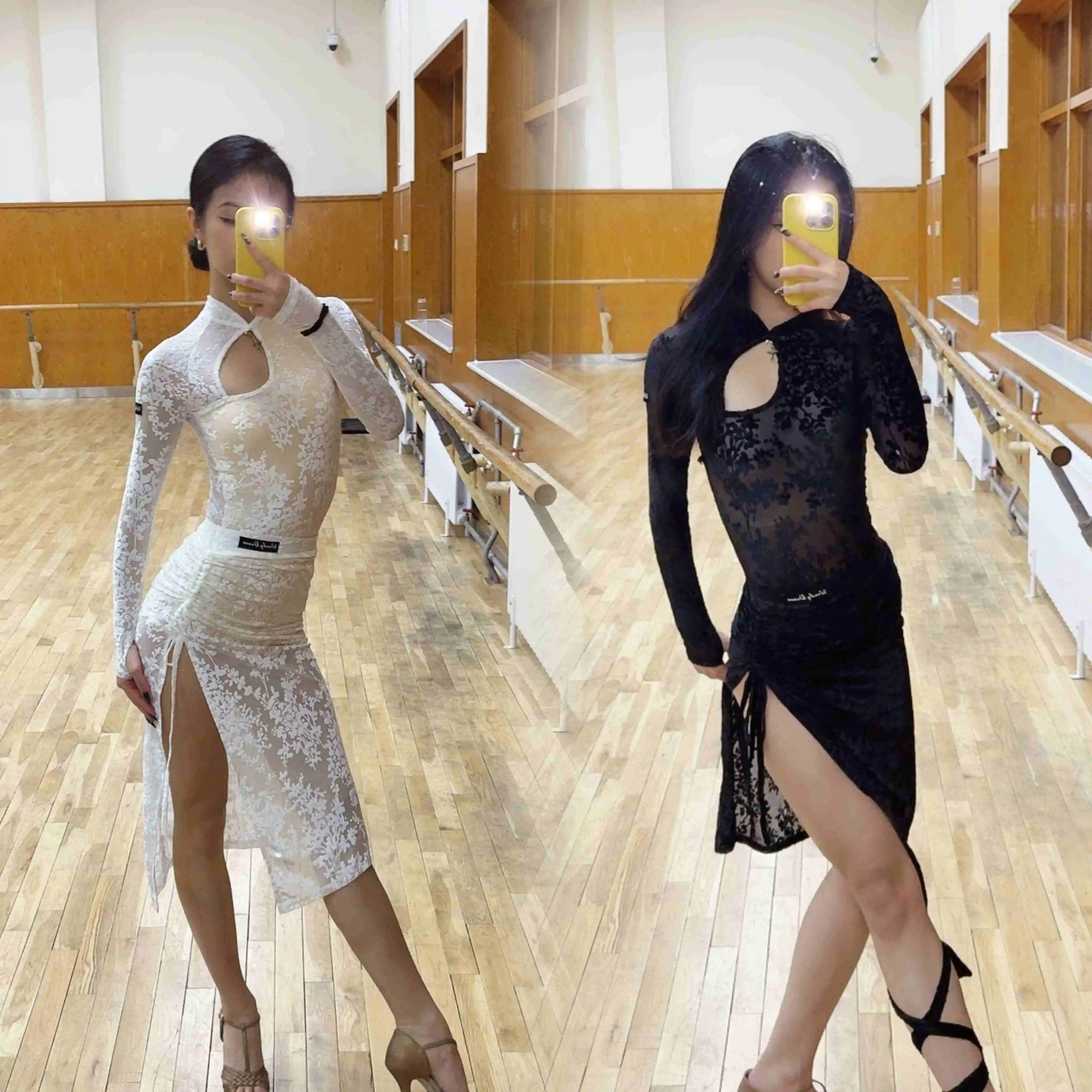 

Sexy Slit Latin Dance Dress Women White Black Club Dress Rumba Tango Dance Performance Costume Adult Latin Dance Wear DNV22006