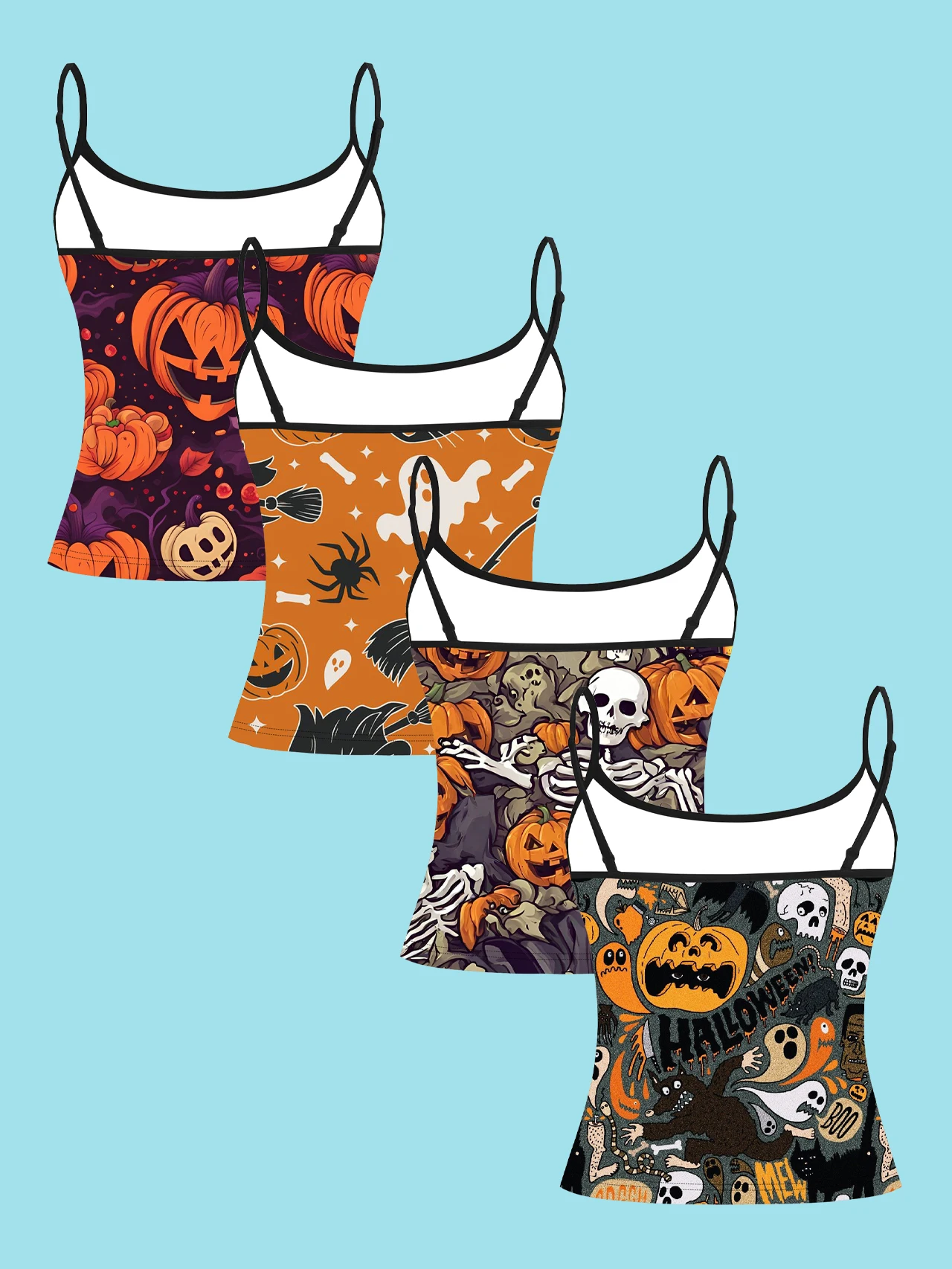 4-Pack Halloween Cartoon All-Over Print Women's Camisole Tops with Pumpkin, Ghost, Spider, and Skull Fun Graffiti Prints, Slim-Fit Spaghetti Strap Short Camisole Tops