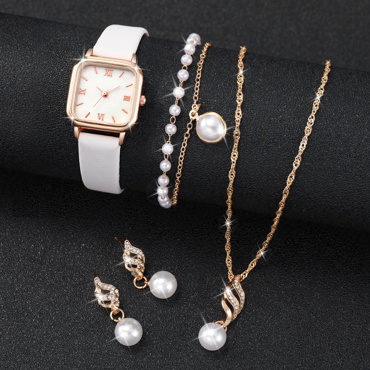 5PCS/Set Fashion Square Women\'s Quartz Watch Leather Band Watches Pearls Jewelry Set（Without Box）