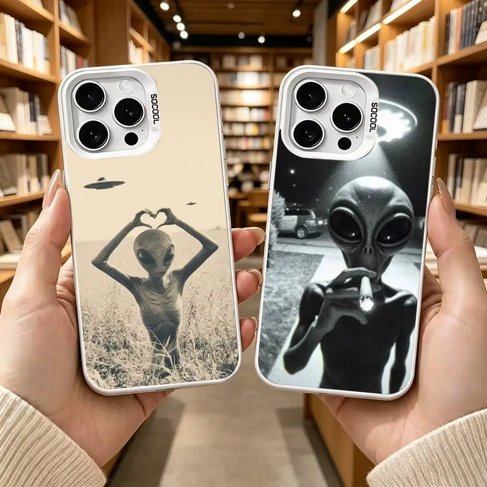 Funny Alien in Space Universe  White Electroplated Silver Phone Case for iPhone XS, 11 12 13 14 15 16 17 Pro Max