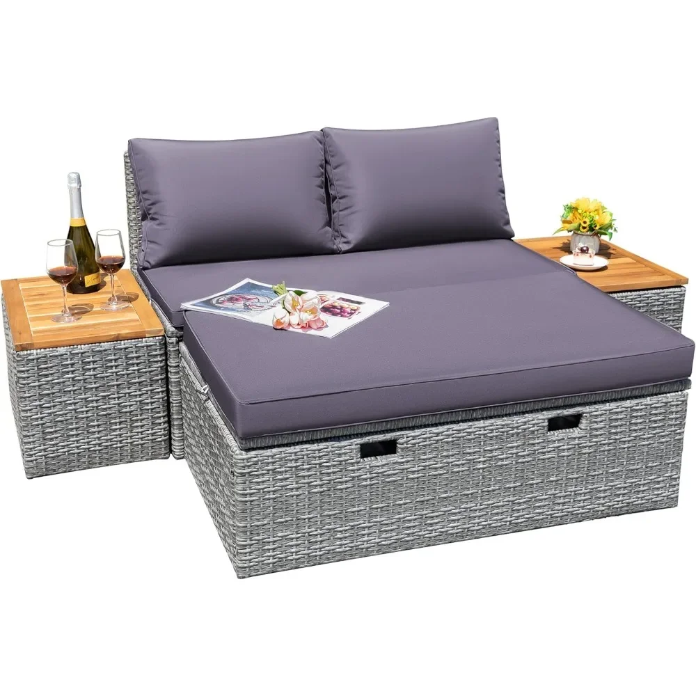 

Patio Furniture Set Multifunctional Outdoor Sectional Sofa Rattan with Couch,Cushions,Storage Ottoman and 2 Side Tables Gray