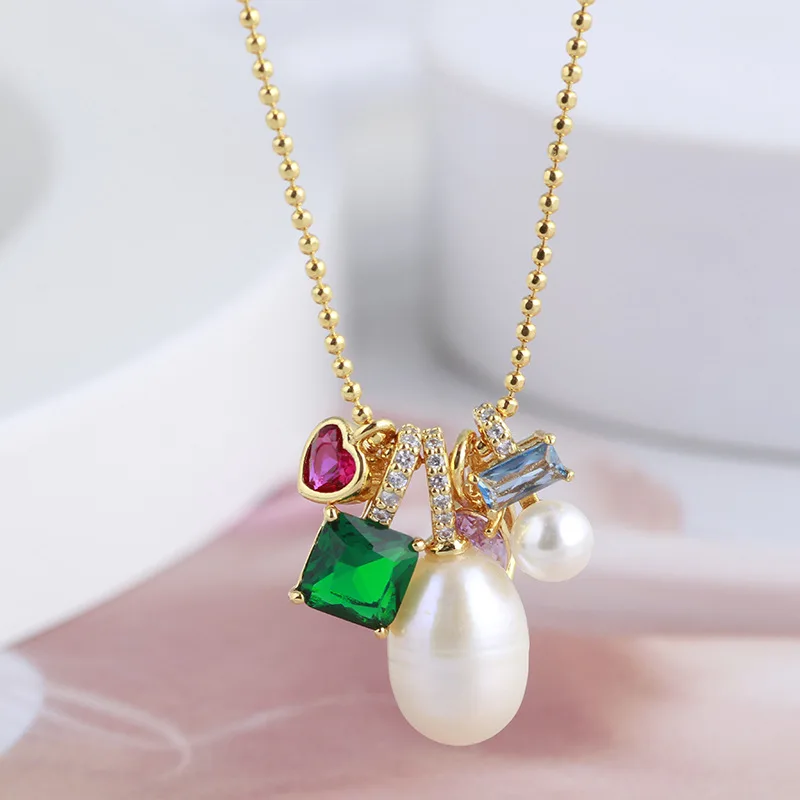 

Women's Pearl Necklace Green Zircon Pendant Girl Jewelry Gift