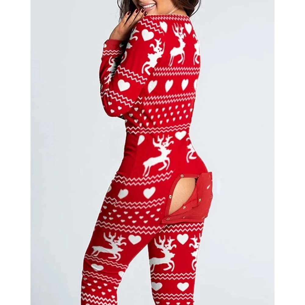 Mode Damen Schneeflocke Elch Druck Knopf vorne schlank Jumps uit Sexy Langarm V-Ausschnitt Adult Onesie für Neujahr Weihnachten