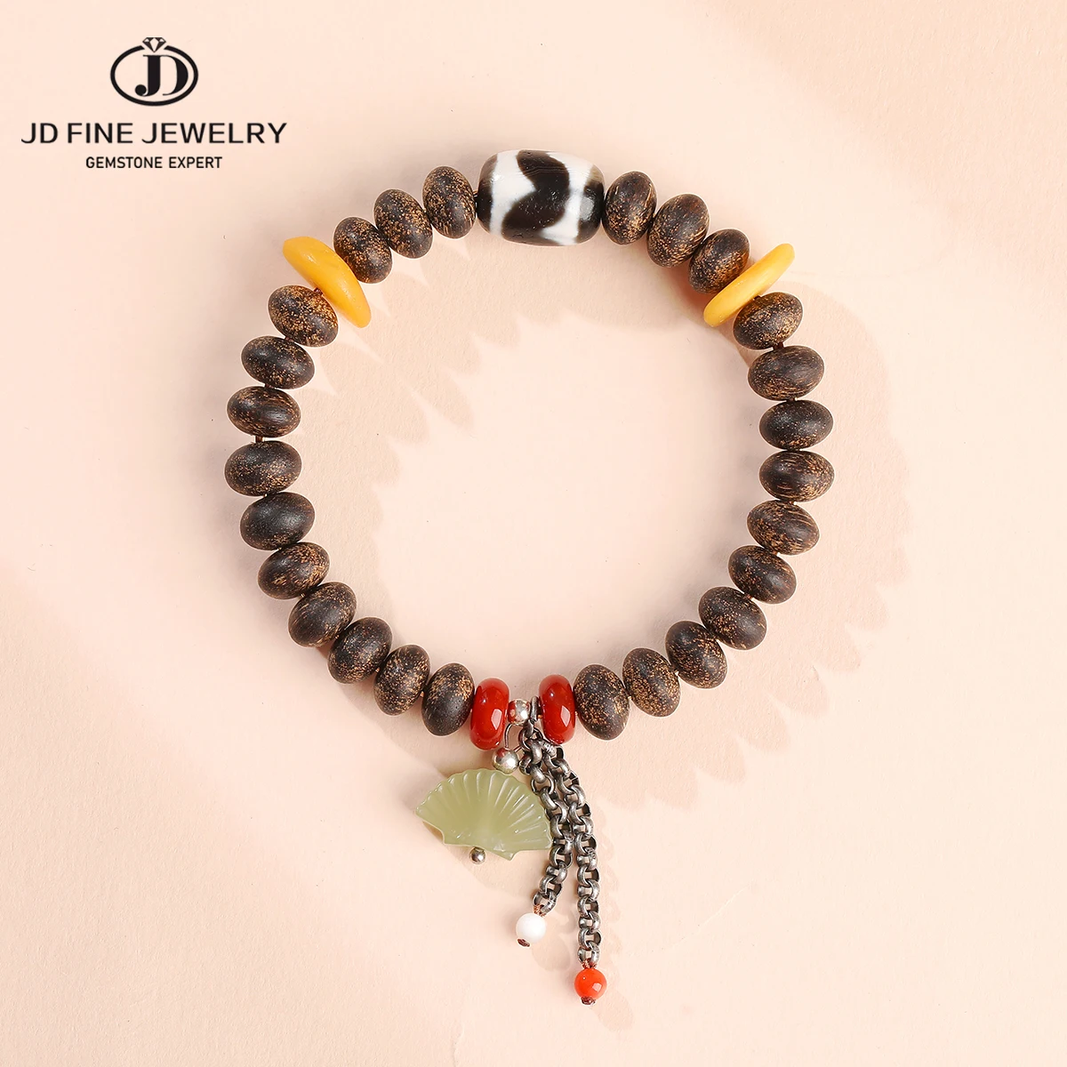 

JD Natural Wooden Sandalwood Abacus Bead Hetian Jade Charms Bracelet Women Men Vintage Ethnic Style Hand-Held Rosary Yoga Gift