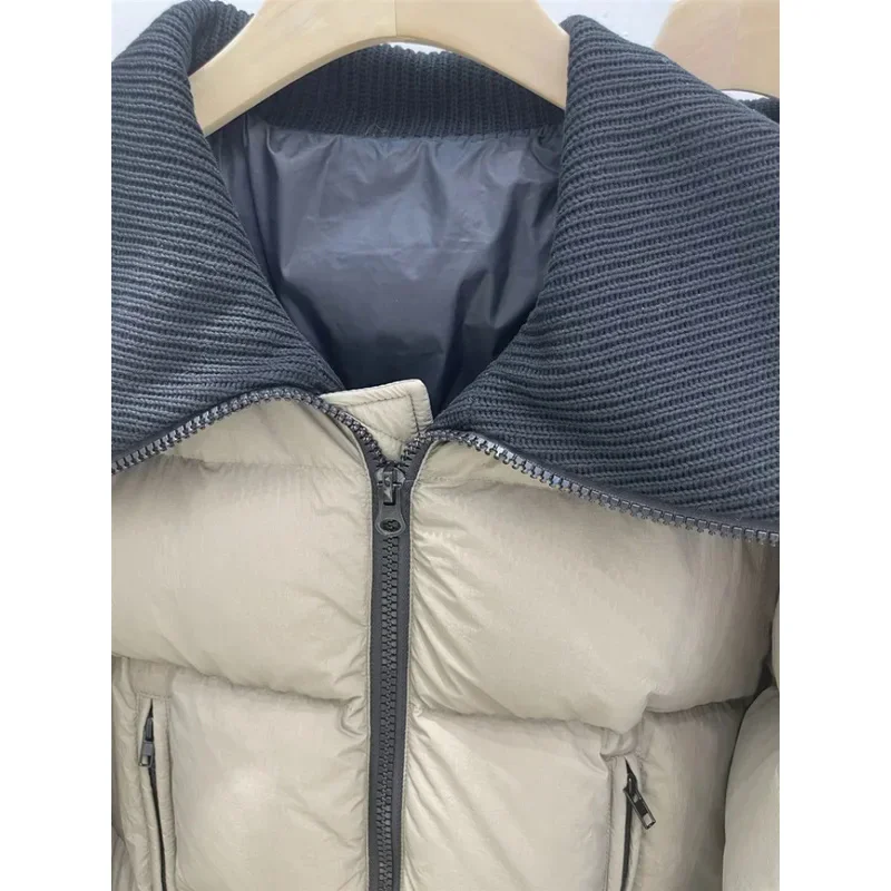 2024 New Winter Women Special Design Warm Puffer Jacket Female 90% White Duck Down Coat Slim Knitted V-Neck Casual Parka Out MN3