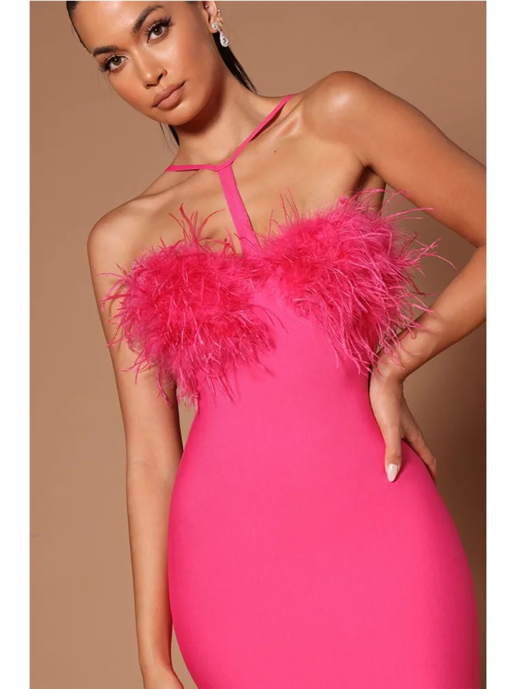 أحدث فستان صيفي مثير للنساء من ريش النعامة مقصوصة باللونين الوردي والوردي والأسود فستان ضيق بأشرطة ضيقة 2023 فستان أنيق للحفلات والنوادي المسائية