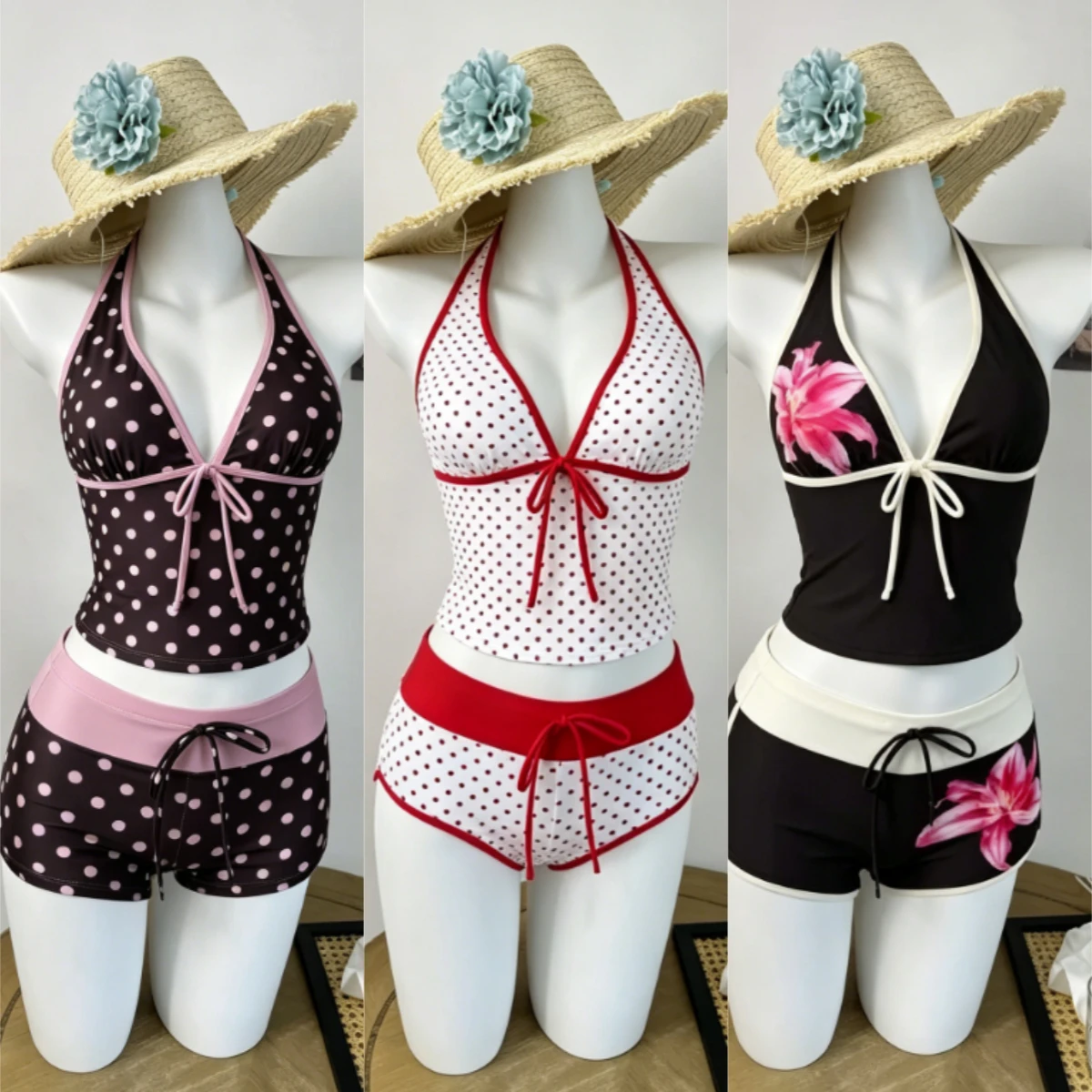 Beach Style Summer Polka Dot Bikini Two Piece Set Women Halter V Neck Swimwear Pool Party Bodycon Tie Waist Bathing Suit Outfit