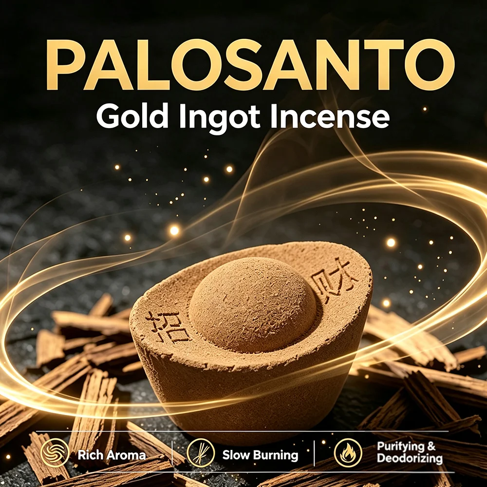 Palosanto Large Gold Ingot-Shaped Incense Cones, 2.5cm High, Wealth-Attracting Incense Sticks, Can Burn for about 60 Minutes, Made from Sacred Wood Powder, Soaked in Essential Oils, with a Rich Aroma, Purifies the Air,