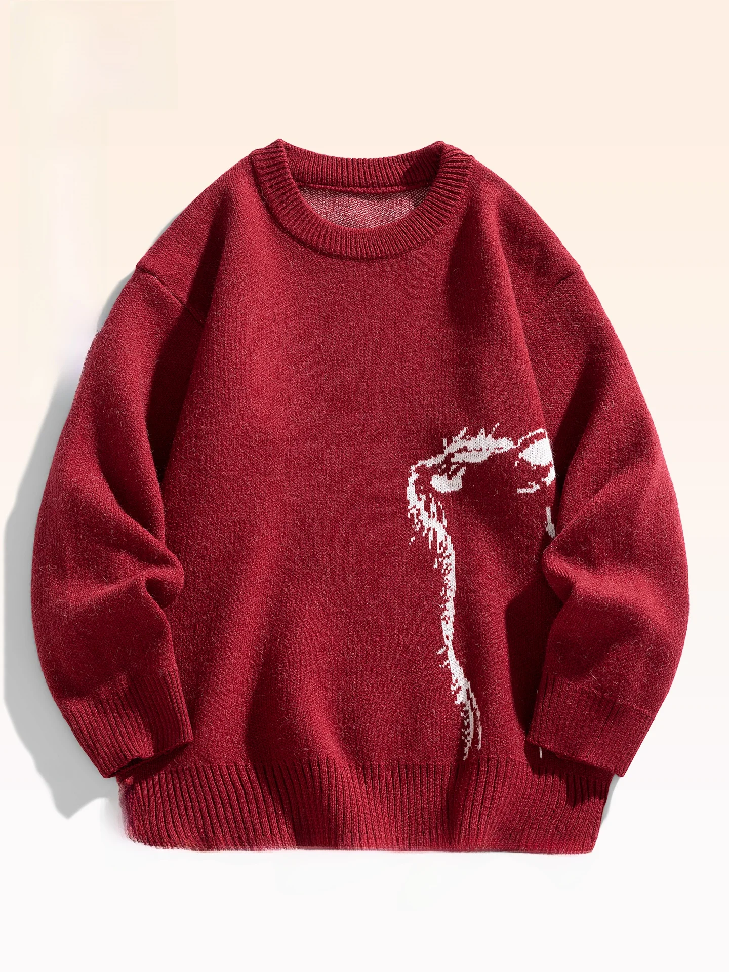 Suéter de Tricô Vermelho Masculino Quente de Inverno, Caimento Solto, Gola Redonda, Casual, com Bordado de Pica-Pau do Ano de...
