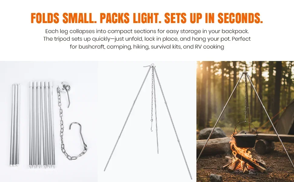 A tripod for cooking over campfire shown in parts, set up, and in use at a campsite.