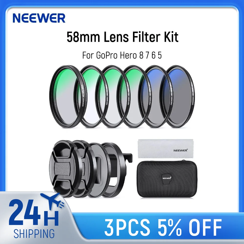 

NEEWER 58mm Lens Filter Kit Compatible with GoPro Hero 8 7 6 5 Neutral Density Polarizer Filter Set 4 ND Filters CPL Filter