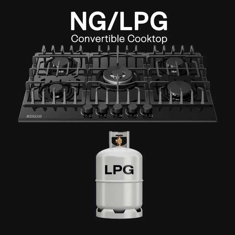 Empava 30 pulgadas. Estufa de gas Cooktop 5 Italia Sabaf Quemadores sellados NG/GLP Convertible en vidrio templado negro, 30 pulgadas