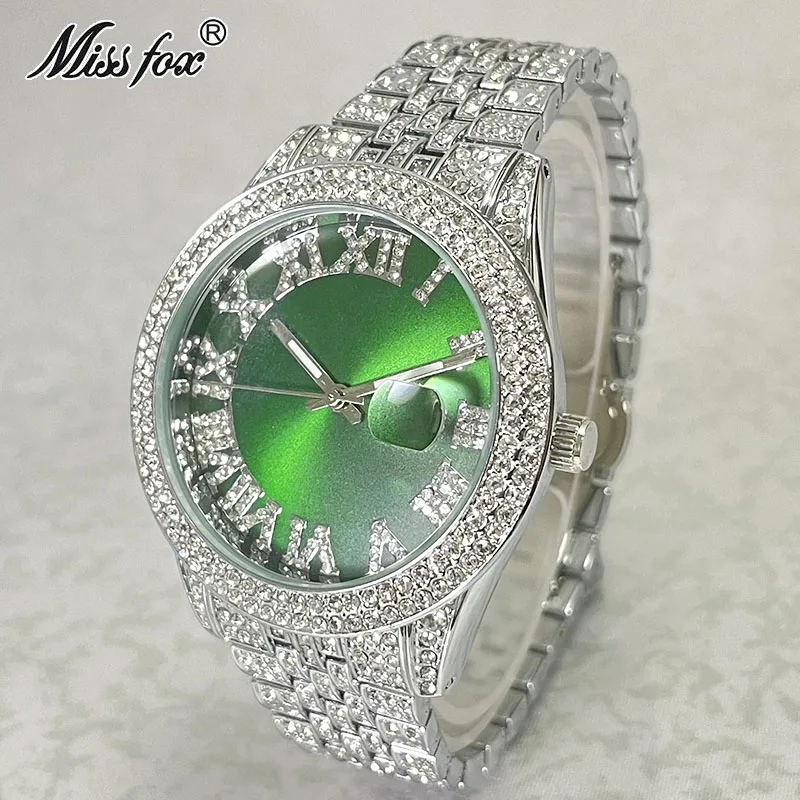 

MISSFOX Iced Watch For Men Luxury Diamond Fashion Quartz Wristwatches Automatic Date Green Waterproof Clock Free Shipping Reloj