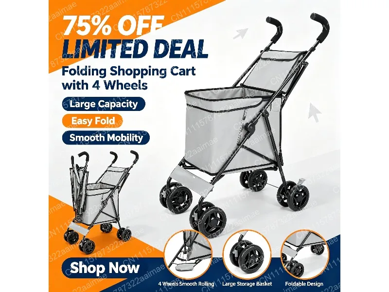 Folding Shopping Cart Portable Lightweight Trolley for Grocery Camping Stall Hauling