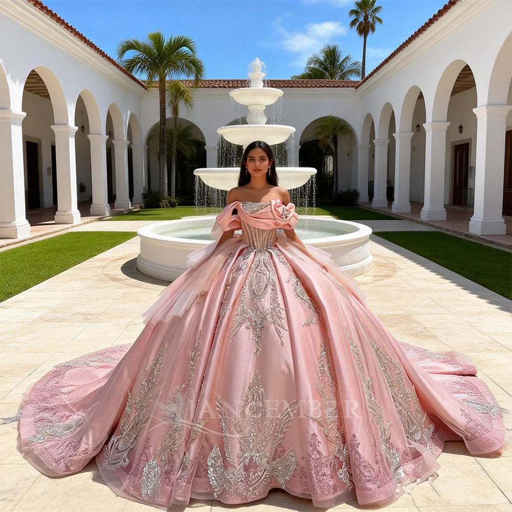 

Платья для церемонии Quinceanera с короткими рукавами, изысканные бальные платья с открытыми плечами, расшитые пайетками и бисером, нарядные платья для XV Anos, на заказ