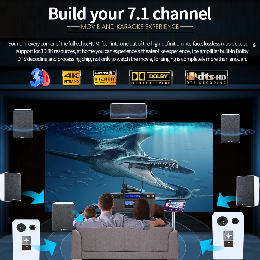 7.1 Home Theater System Audio Amplifier Digital Reverb 8-Channel KTV Karaoke Power Amplifier