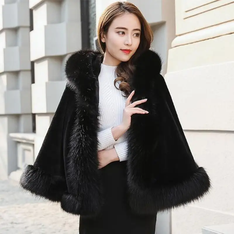 Women Imitation Cape Shawl Coat with Cap Short Poncho Cloak Parka Hooded Winter Collection Faux Fur Coat Women Fluffy Jacket