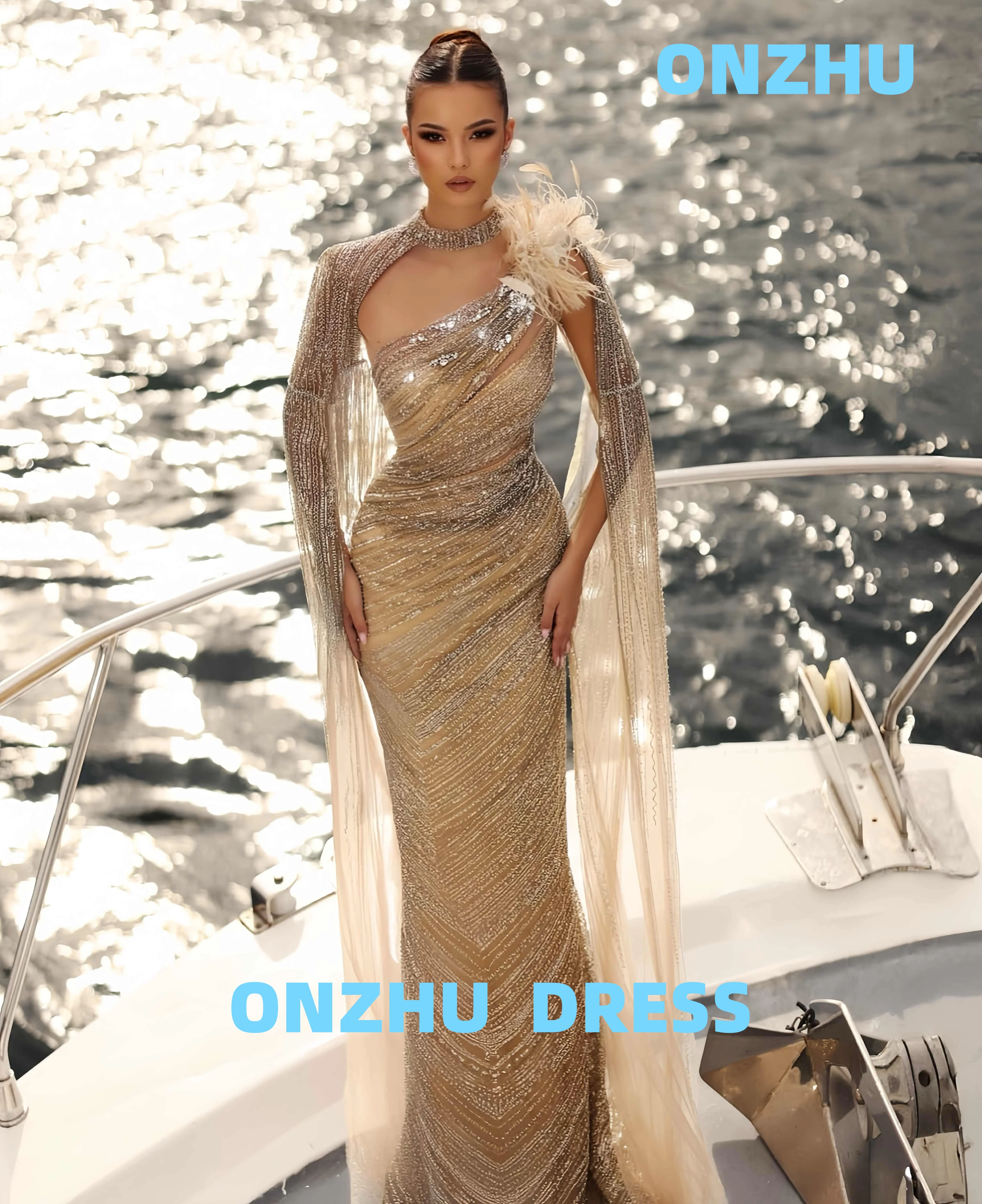 

Customized one-shoulder sleeveless shawl mermaid amanda 's novias luxurious evening dresses women evening dress