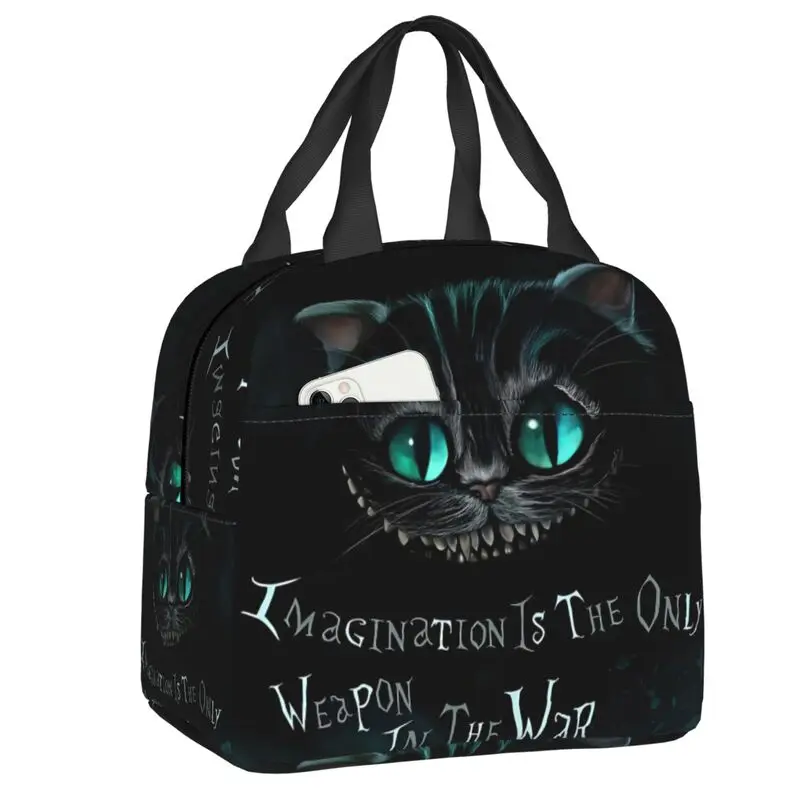

Custom Cheshire Cat Lunch Bag Men Women We're All Mad Here Smile Warm Cooler Insulated Lunch Box for Kids School