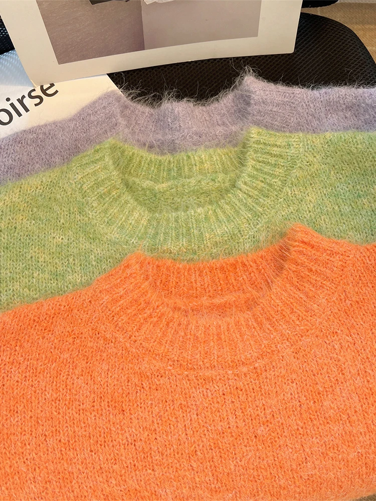Women Green Pullover Sweater Harajuku Y2k Solid Color Long Sleeve O-Neck Knitted Sweaters 90s Vintage 2000s Clothes Autumn 2024