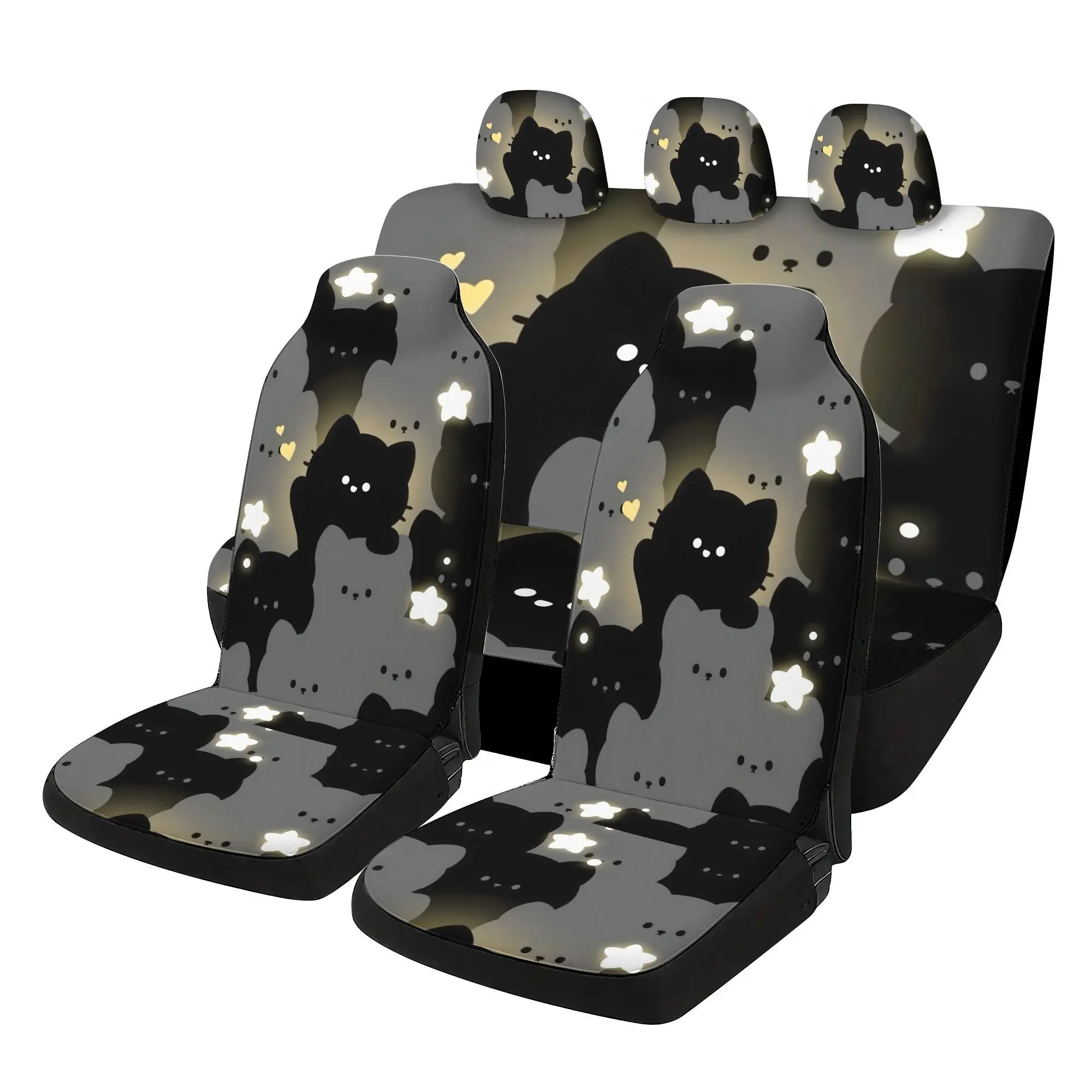 7pcs Glowing Cat Group Car Seat Covers With Prints Including 2 Front Seat Covers+ 1 Rear Seat Back Cover + 1Rear Seat Cover + 3